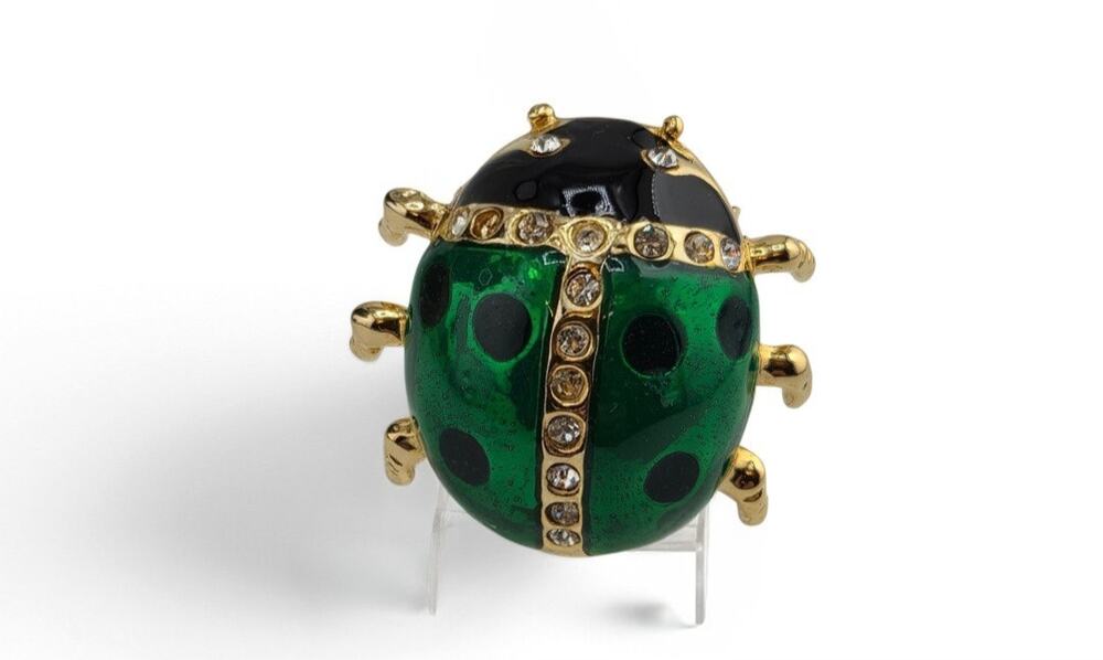 Vintage Green Enamel Ladybug Brooch Rhinestone Gold Tone Figural Pin